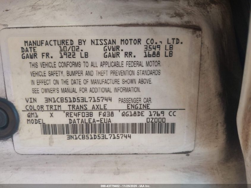 2003 Nissan Sentra Gxe VIN: 3N1CB51D53L715744 Lot: 43779402