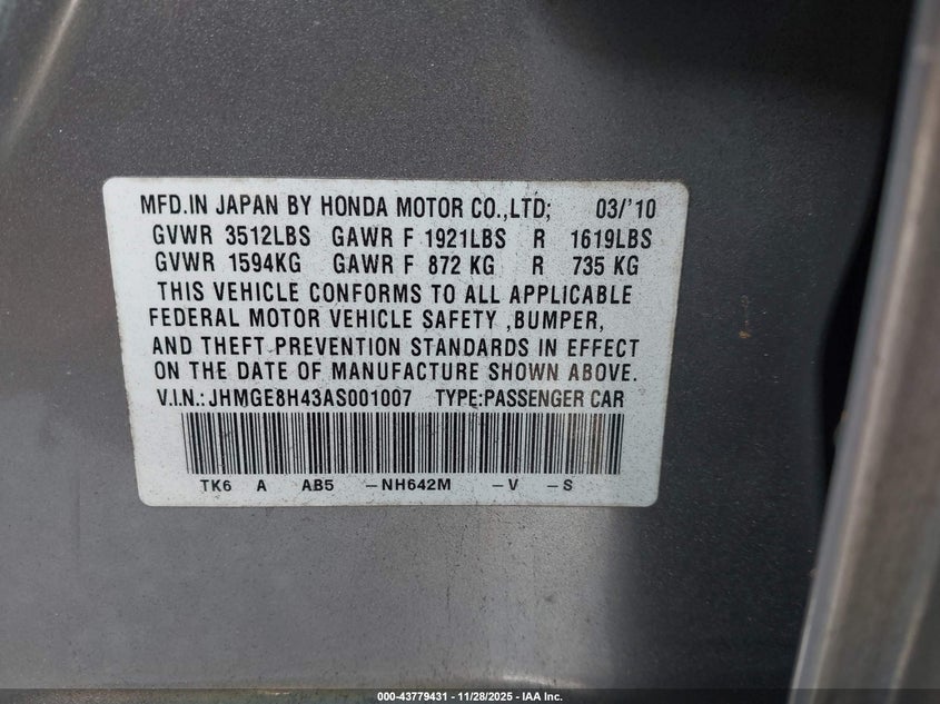 2010 Honda Fit Sport VIN: JHMGE8H43AS001007 Lot: 43779431