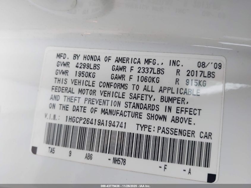 2009 Honda Accord 2.4 Lx-P VIN: 1HGCP26419A194741 Lot: 43779436