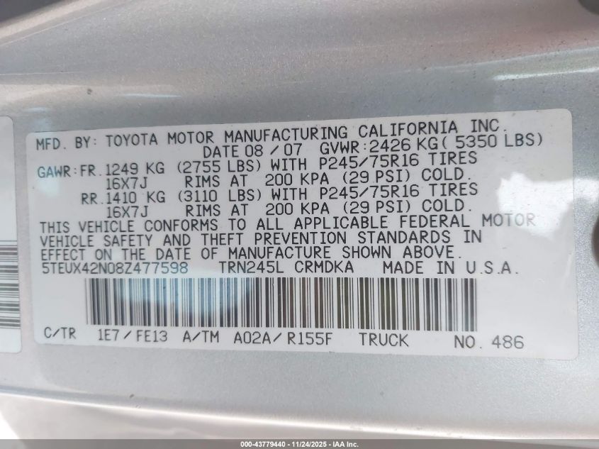 2008 Toyota Tacoma VIN: 5TEUX42N08Z477598 Lot: 43779440