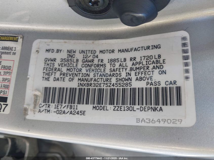 2005 Toyota Corolla Le VIN: 1NXBR32E75Z455285 Lot: 43779442