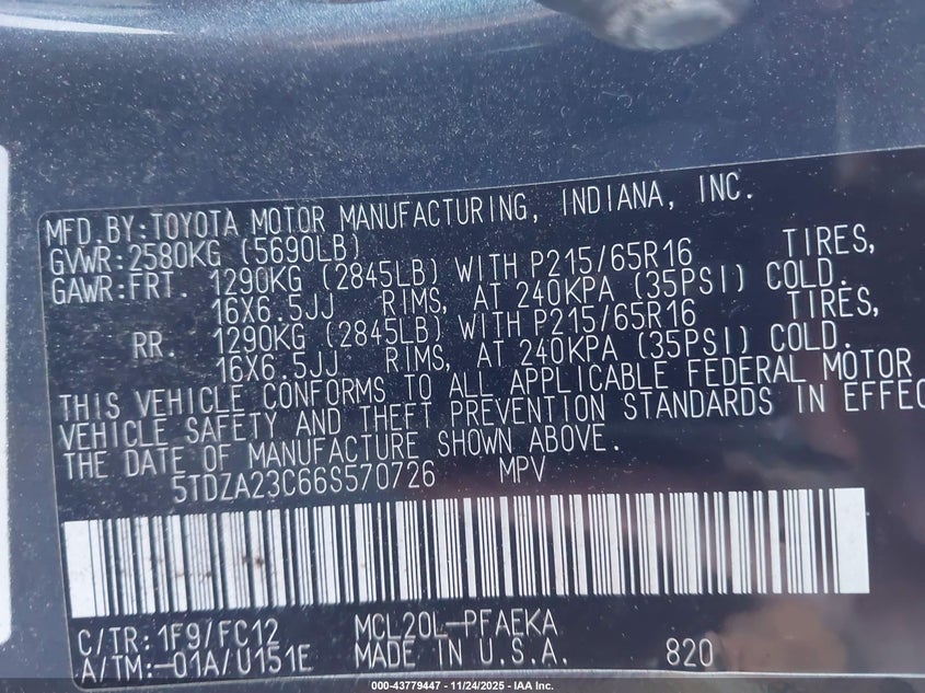 2006 Toyota Sienna Le VIN: 5TDZA23C66S570726 Lot: 43779447