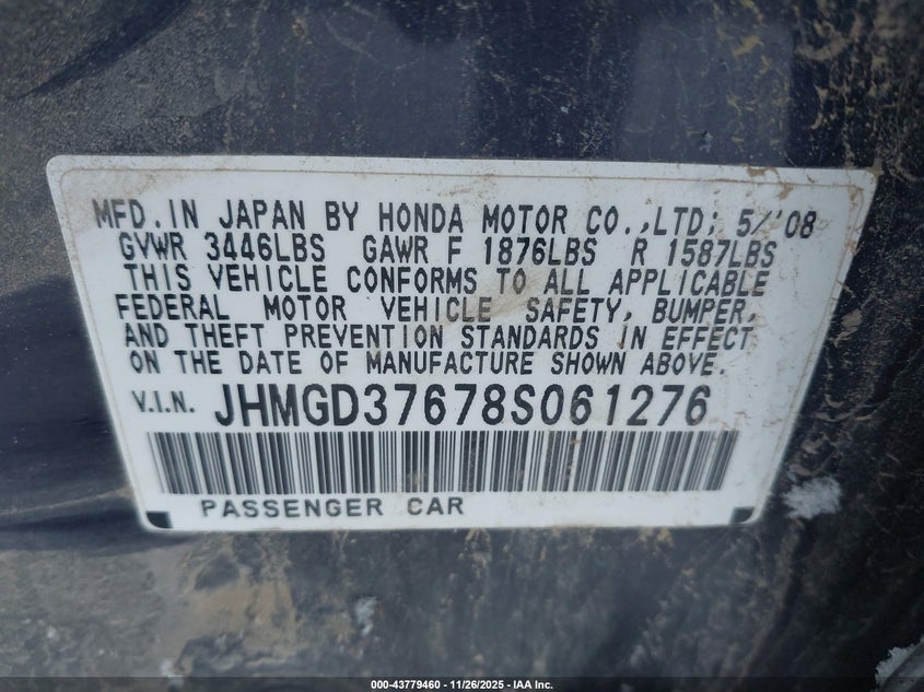 2008 Honda Fit Sport VIN: JHMGD37678S061276 Lot: 43779460