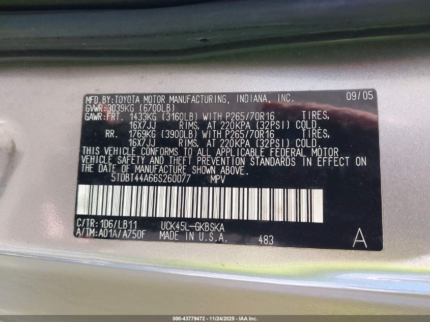 2006 Toyota Sequoia Sr5 V8 VIN: 5TDBT44A66S260077 Lot: 43779472