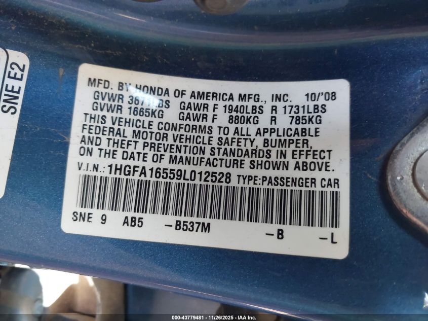 2009 Honda Civic Lx VIN: 1HGFA16559L012528 Lot: 43779481