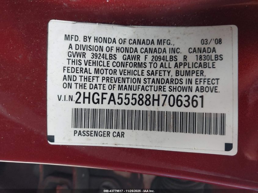 2008 Honda Civic Si/Si Mugen VIN: 2HGFA55588H706361 Lot: 43779517