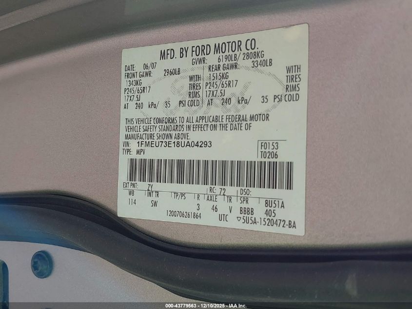 2008 Ford Explorer Xlt VIN: 1FMEU73E18UA04293 Lot: 43779563