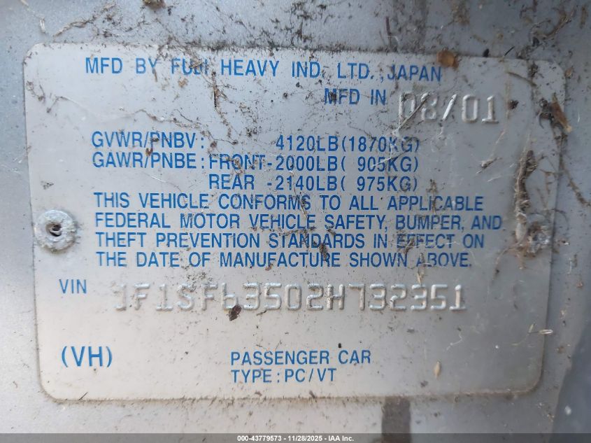 2002 Subaru Forester L VIN: JF1SF63502H732351 Lot: 43779573