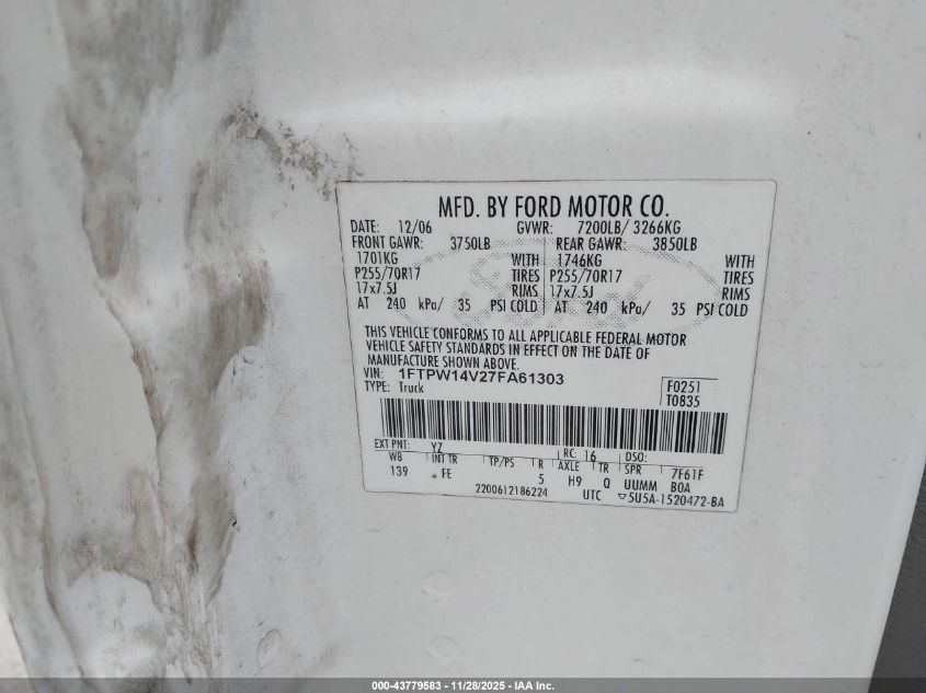 2007 Ford F-150 Fx4/Lariat/Xlt VIN: 1FTPW14V27FA61303 Lot: 43779583
