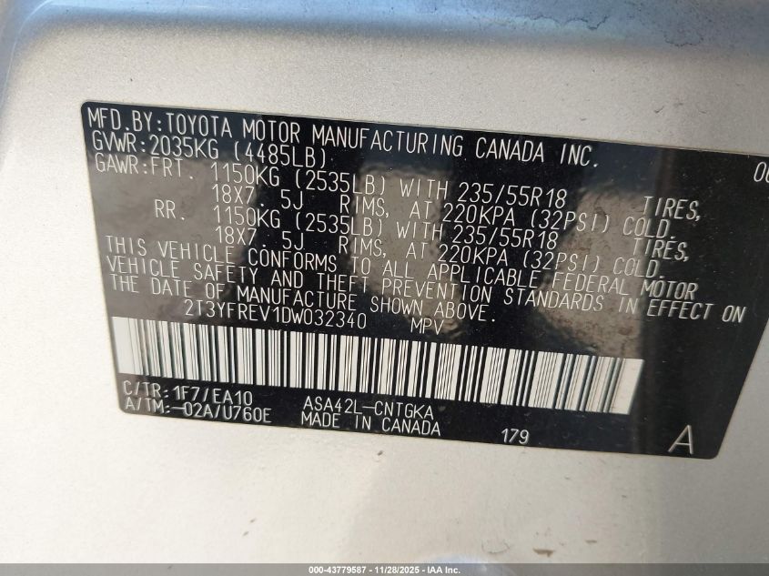 2013 Toyota Rav4 Limited VIN: 2T3YFREV1DW032340 Lot: 43779587