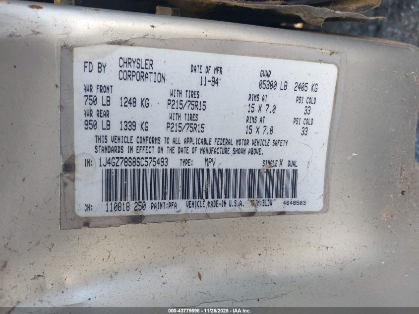 1995 Jeep Grand Cherokee Limited/Orvis VIN: 1J4GZ78S8SC575493 Lot: 43779598