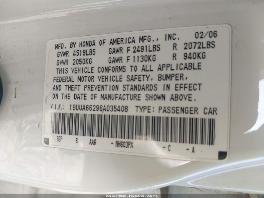 2006 Acura Tl VIN: 19UUA66296A035408 Lot: 43779602