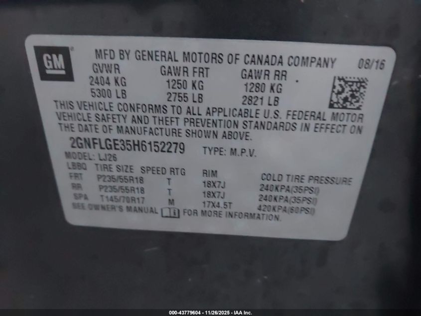 2017 Chevrolet Equinox Premier VIN: 2GNFLGE35H6152279 Lot: 43779604