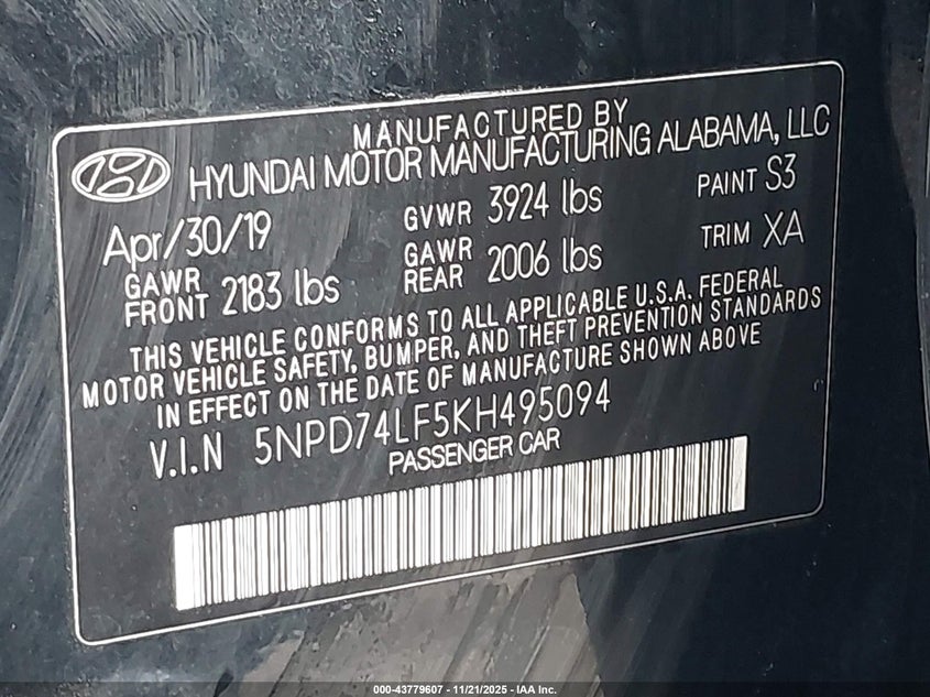 2019 Hyundai Elantra Se VIN: 5NPD74LF5KH495094 Lot: 43779607