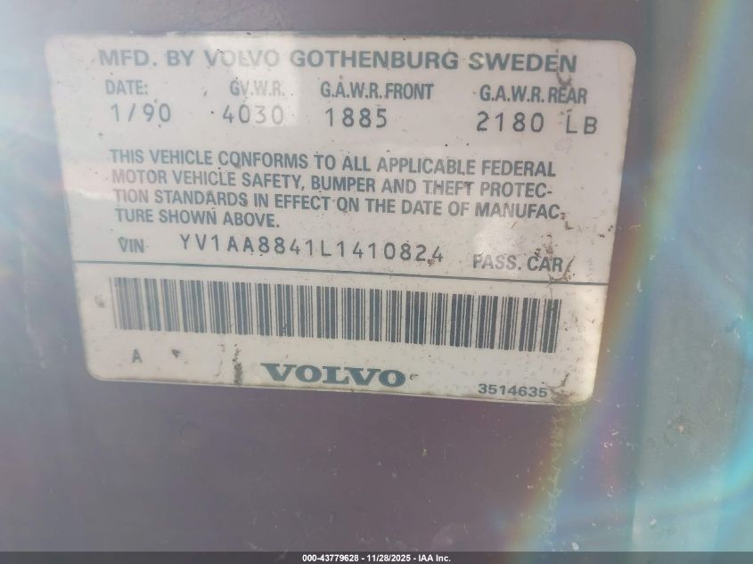 1990 Volvo 240 Dl VIN: YV1AA8841L1410824 Lot: 43779628
