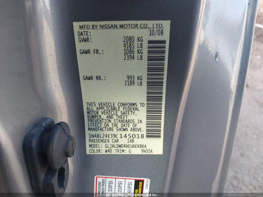 2009 Nissan Altima 3.5 Se VIN: 1N4BL24E39C145018 Lot: 43779631