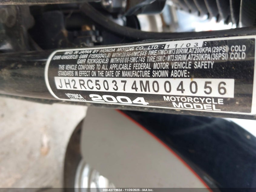 2004 Honda Vt750 Ca VIN: JH2RC50374M004056 Lot: 43779634