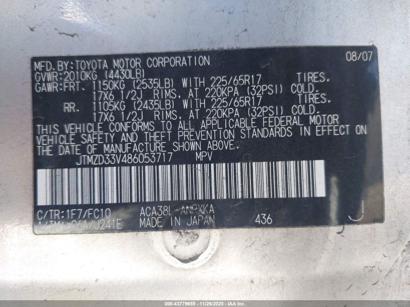 2008 Toyota Rav4 VIN: JTMZD33V486053717 Lot: 43779659