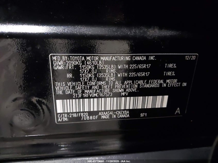 2021 Toyota Rav4 Le VIN: 2T3F1RFV0MC167573 Lot: 43779660