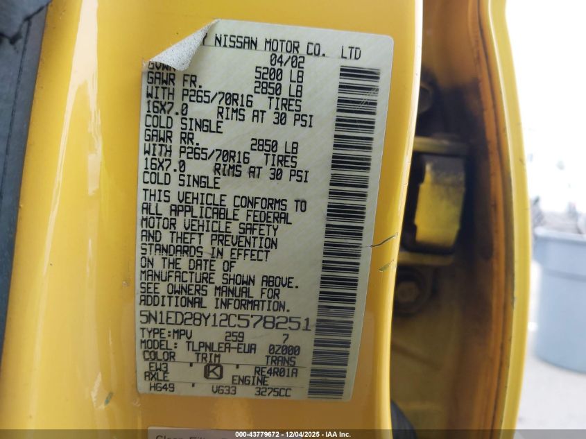 2002 Nissan Xterra Xe VIN: 5N1ED28Y12C578251 Lot: 43779672
