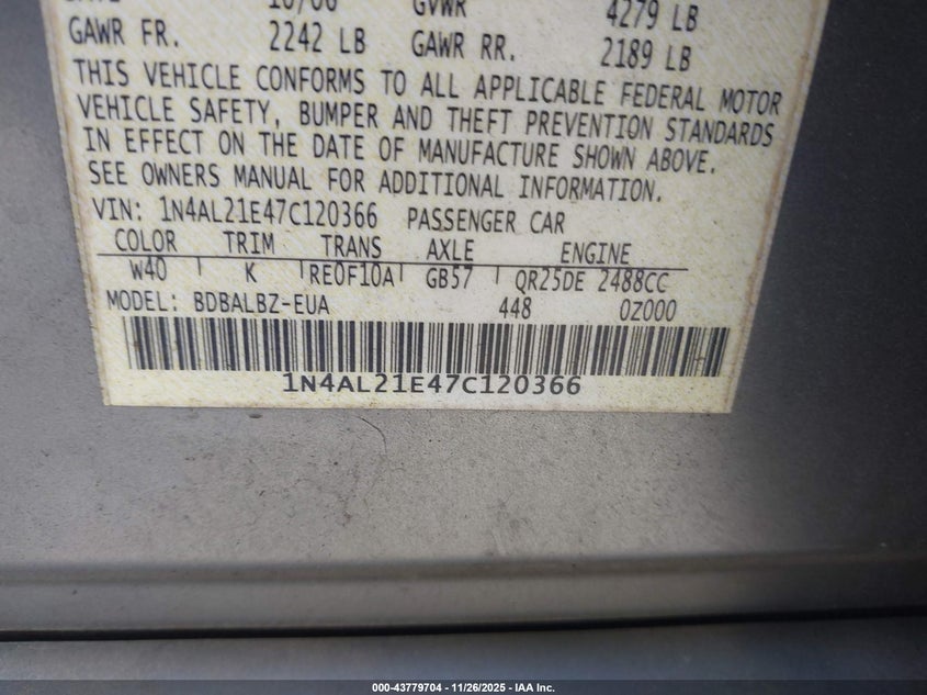 2007 Nissan Altima 2.5 S VIN: 1N4AL21E47C120366 Lot: 43779704