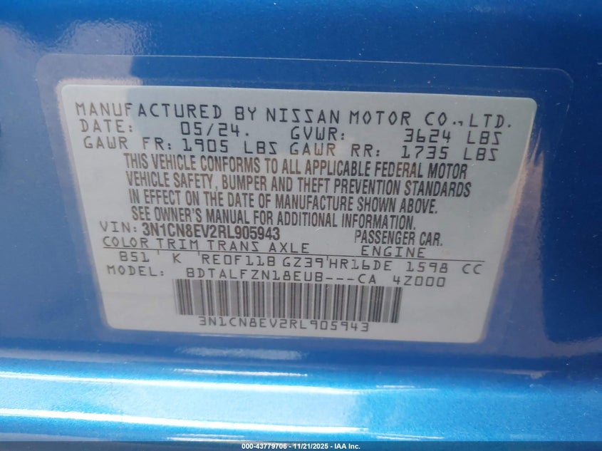 2024 Nissan Versa 1.6 Sv VIN: 3N1CN8EV2RL905943 Lot: 43779706