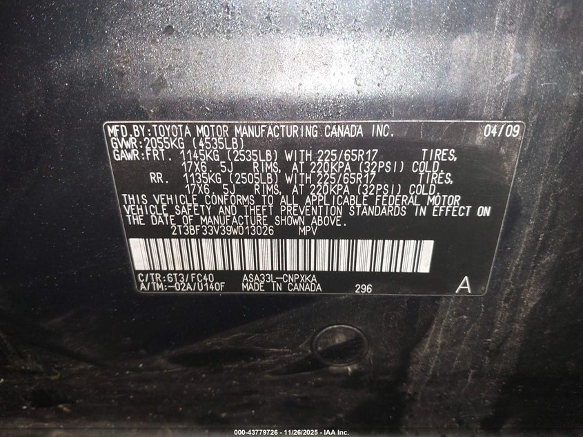 2009 Toyota Rav4 VIN: 2T3BF33V39W013026 Lot: 43779726