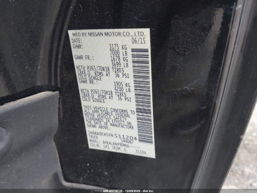 2015 Nissan Titan S VIN: 1N6BA0CH5FN511204 Lot: 43779730