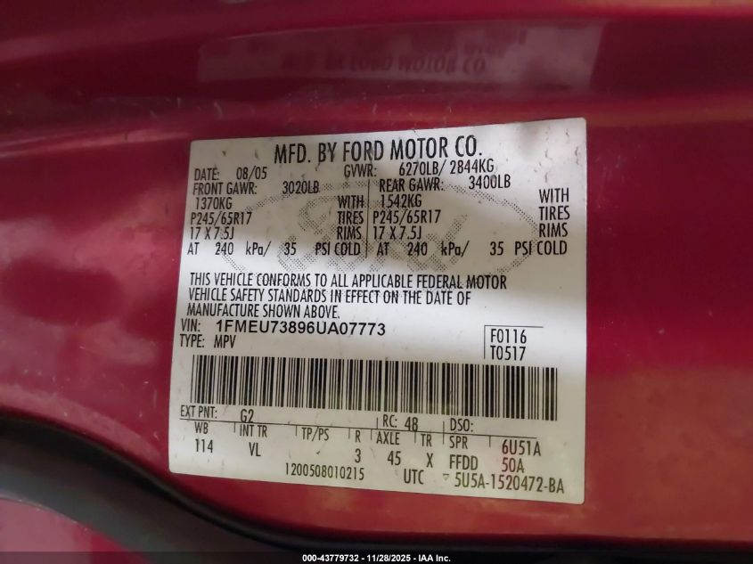 2006 Ford Explorer Xlt VIN: 1FMEU73896UA07773 Lot: 43779732