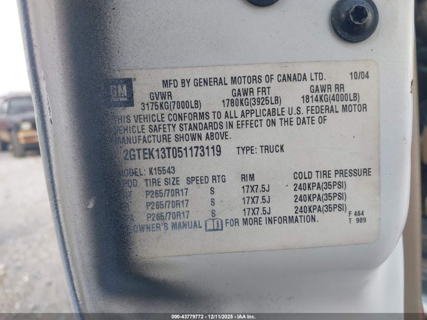 2005 GMC Sierra 1500 Sle VIN: 2GTEK13T051173119 Lot: 43779772