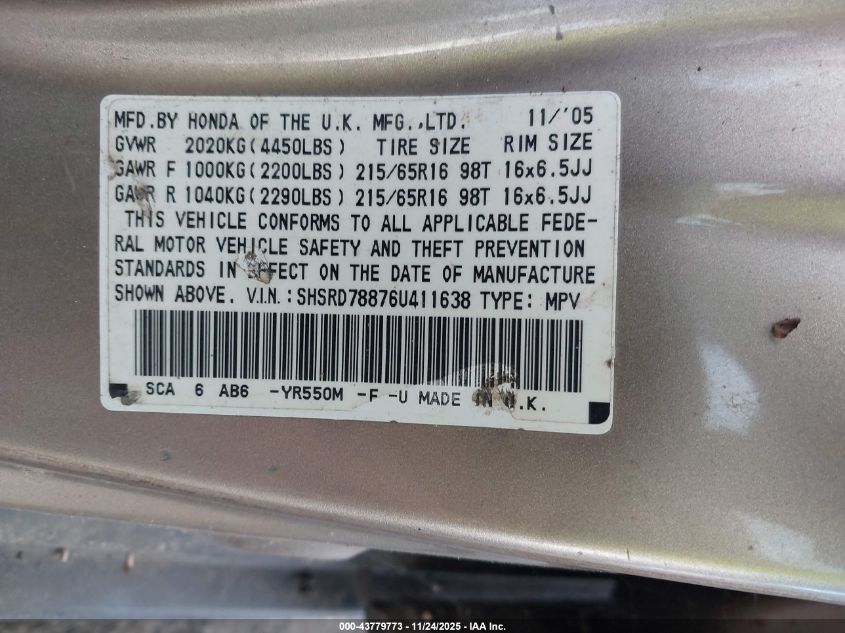 2006 Honda Cr-V Ex VIN: SHSRD78876U411638 Lot: 43779773