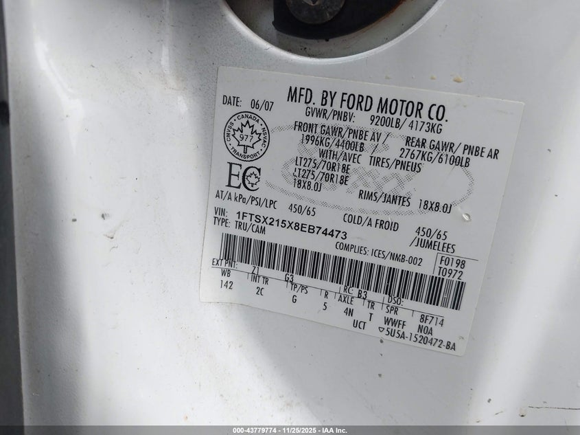 2008 Ford F-250 Fx4/Lariat/Xl/Xlt VIN: 1FTSX215X8EB74473 Lot: 43779774