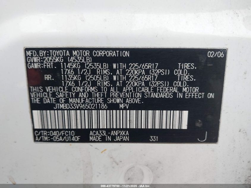 2006 Toyota Rav4 VIN: JTMBD33V965021186 Lot: 43779780