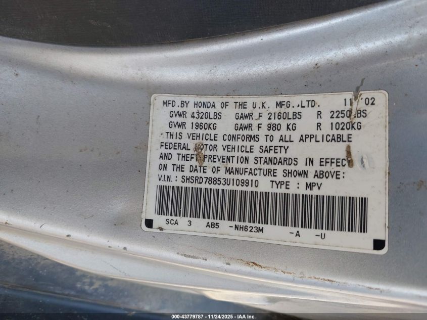 2003 Honda Cr-V Ex VIN: SHSRD78853U109910 Lot: 43779787