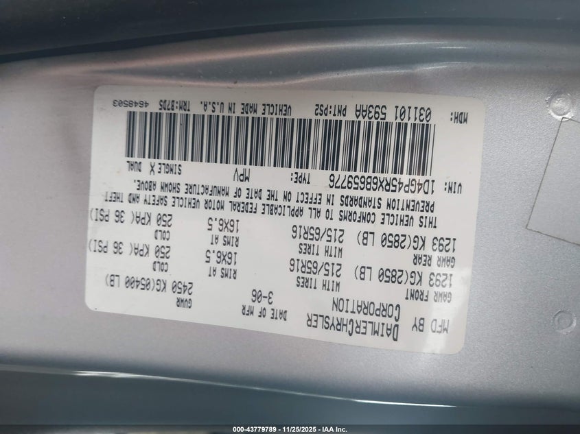 2006 Dodge Caravan Sxt VIN: 1D4GP45RX6B659776 Lot: 43779789