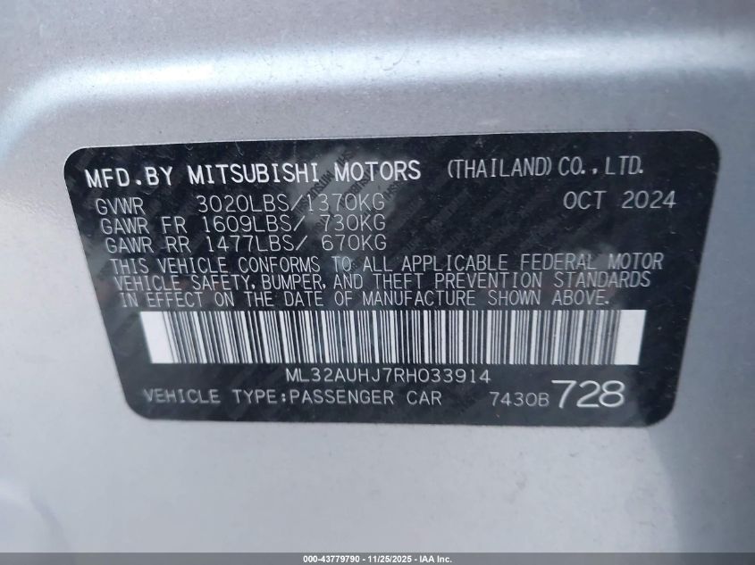 2024 Mitsubishi Mirage Es/Le VIN: ML32AUHJ7RH033914 Lot: 43779790