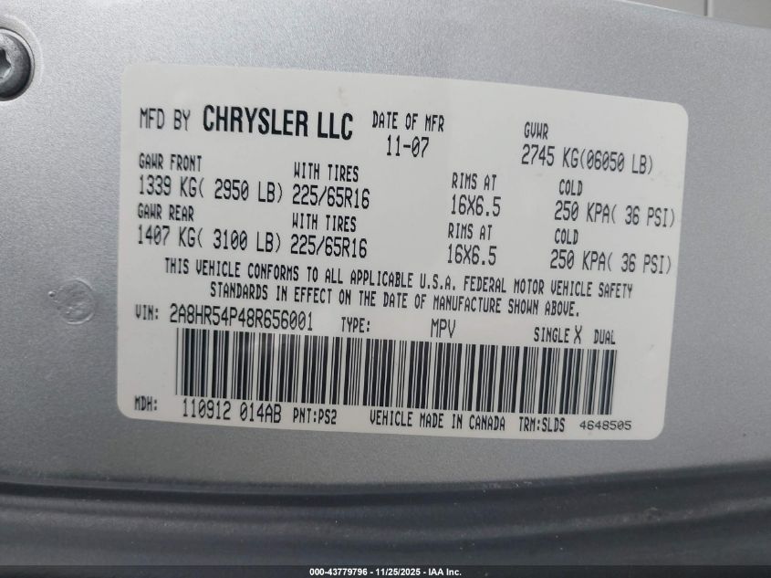 2008 Chrysler Town & Country Touring VIN: 2A8HR54P48R656001 Lot: 43779796