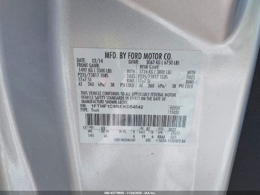 2014 Ford F-150 Xl VIN: 1FTMF1CM6EKD54542 Lot: 43779805