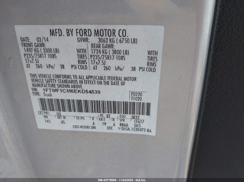 2014 Ford F-150 Xl VIN: 1FTMF1CM6EKD54539 Lot: 43779806