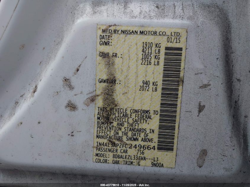 2015 Nissan Altima 2.5 S VIN: 1N4AL3AP2FC249664 Lot: 43779810