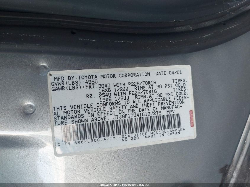 2001 Lexus Rx 300 VIN: JTJGF10U410107279 Lot: 43779813