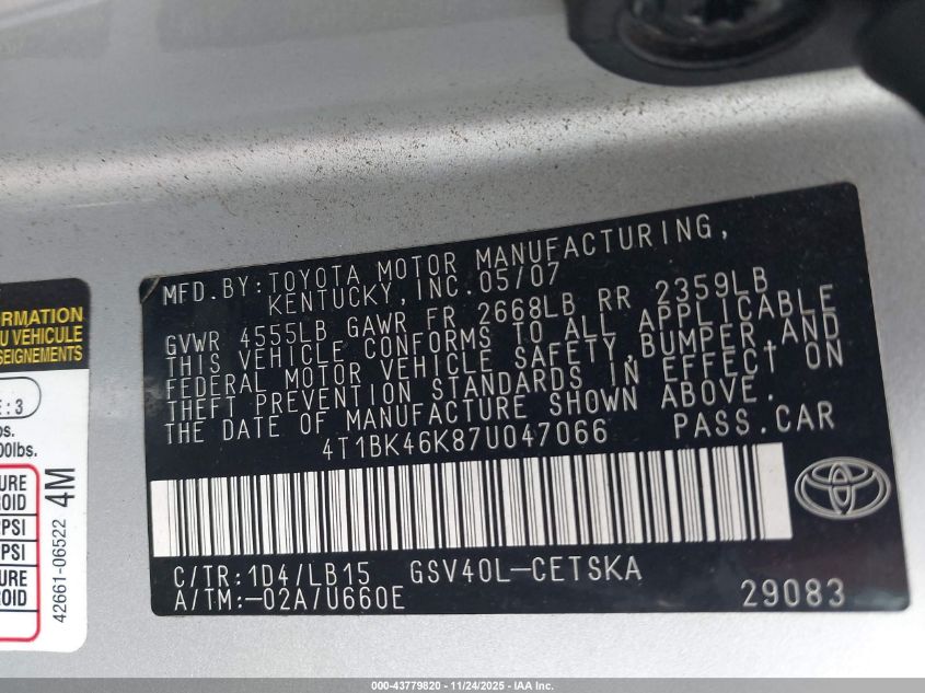 2007 Toyota Camry Se V6 VIN: 4T1BK46K87U047066 Lot: 43779820