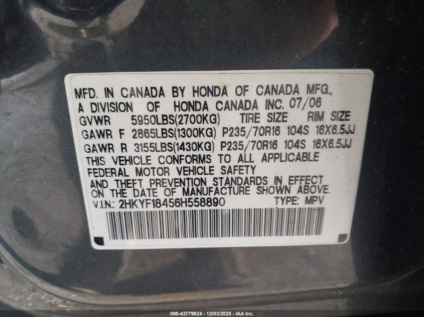 2006 Honda Pilot Ex VIN: 2HKYF18456H558890 Lot: 43779824