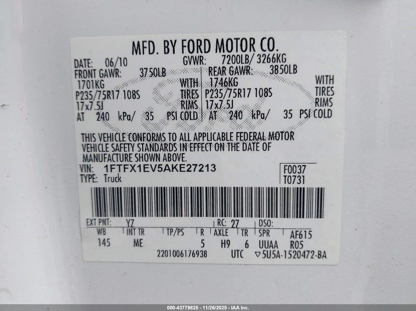 2010 Ford F-150 Fx4/Lariat/Xl/Xlt VIN: 1FTFX1EV5AKE27213 Lot: 43779825