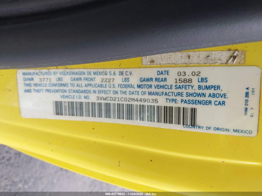 2002 Volkswagen New Beetle Gls 1.8L Turbo VIN: 3VWCD21C02M449035 Lot: 43779832