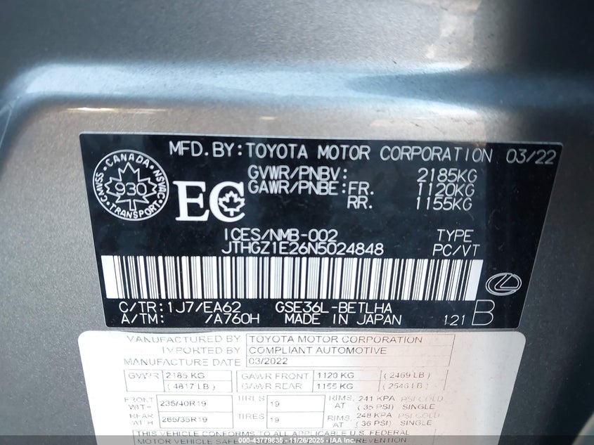 2022 Lexus Is 350 VIN: JTHGZ1E26N5024848 Lot: 43779835