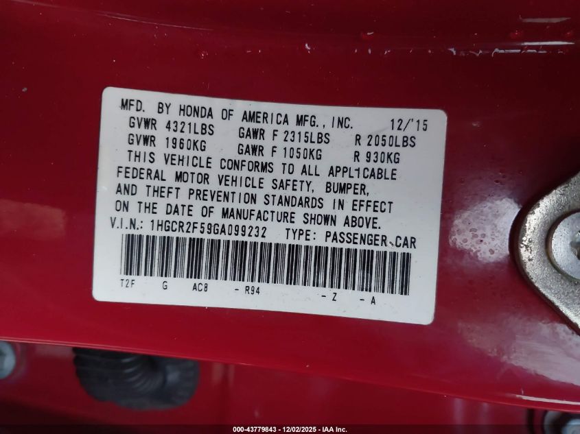 2016 Honda Accord Sport VIN: 1HGCR2F59GA099232 Lot: 43779843