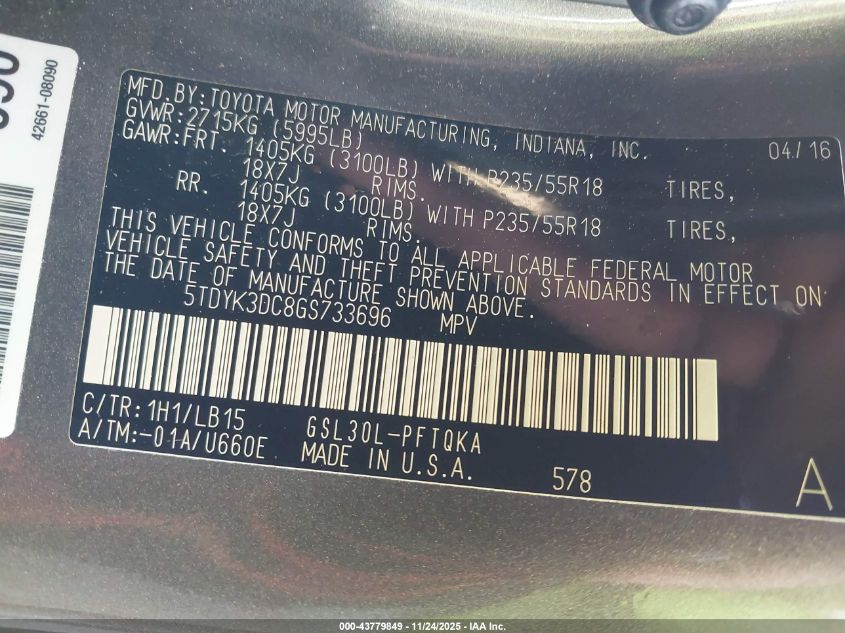 2016 Toyota Sienna Limited Premium 7 Passenger VIN: 5TDYK3DC8GS733696 Lot: 43779849