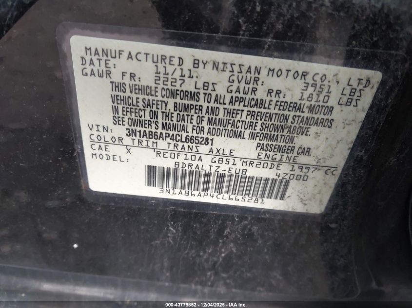 2012 Nissan Sentra 2.0 S VIN: 3N1AB6AP4CL665281 Lot: 43779852