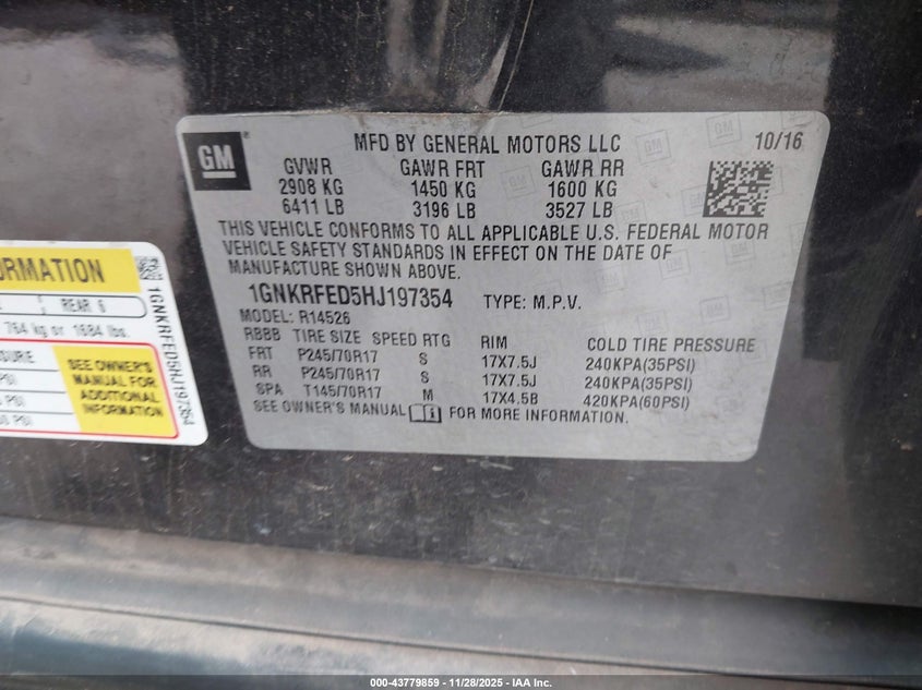 2017 Chevrolet Traverse Ls VIN: 1GNKRFED5HJ197354 Lot: 43779859